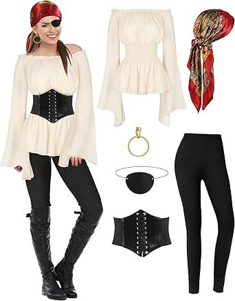 CICOCI Pirate Costume For Women With Accessories Renaissance Blouse Top Belt Headscarf Full Outfits Pirate Costume For Women, Diy Pirate Costume For Women, Medieval Dress Peasant, Pirate Vest, Pirate Dress Up, Pirate Costume Diy, Medieval Outfit, Irish Dress, Female Pirate Costume