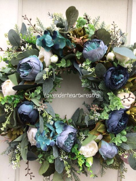 Spring wreath/ wreath/ peonies/ summer/ blue/ home decor/ door wreath by Lavenderheartwreaths on Etsy White Peony Wreath, Blue And Green Wreath, Blue Wreaths, Blue Flower Wreath, Hoop Wreaths, Wreath Indoor, Summer Door Wreaths, White Wreath, Pinecone Wreath