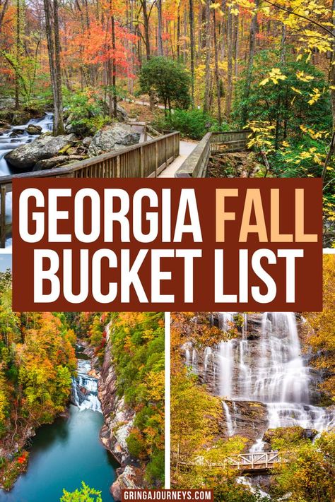 Top photo: The bridge to Anna Ruby Falls surrounded by fall leaves, bottom left photo: Tallulah Gorge State Park in the fall, bottom right photo: Anna Ruby Falls in the autumn Georgia Fall, Atlanta Vacation, Picking Apples, Best Pumpkin Patches, Apple Orchards, Georgia Vacation, Fall Festivals, Fall Road Trip, Fall Vacations