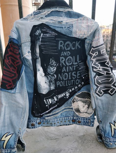 Custom punk rock clothing by ncbastards.com Distressed ac/dc denim vintage jacket Acdc Songs, Jacket Closet, Rock Jacket, Customised Clothes, Customised Denim Jacket, Jaket Denim, Rock Aesthetic, Punk Rock Outfits, Mode Punk