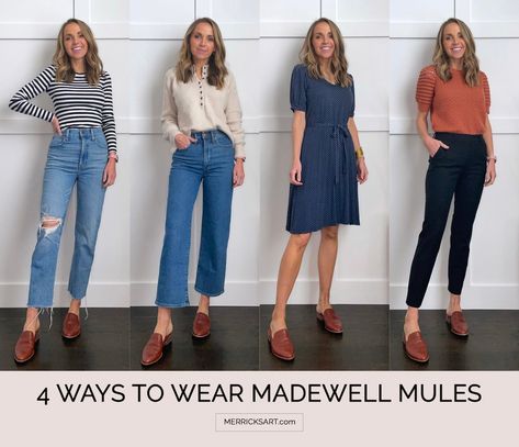 Outfits With Mules Heels, Womens Mules Outfit, Mule Loafers Outfit, Brown Mules Outfit, Mule Flats Outfit, Mules Outfit Fall, Mules With Dress, Flat Mules Outfit, Mules Outfit Summer