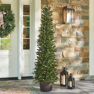 Pre-lit Porch Pencil Tree Porch Topiary, Exterior Christmas Decorations, Best Artificial Christmas Trees, Pencil Tree, Fake Christmas Trees, Patio Trees, Faux Christmas Trees, Slim Tree, Slim Christmas Tree