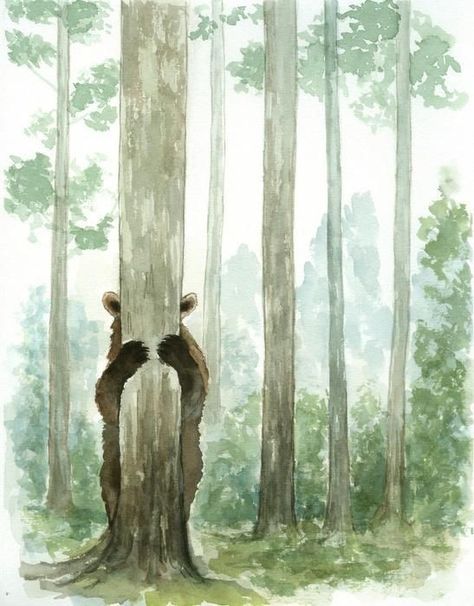 Drawing Forest Animals, Watercolor Painting Forest, Forest With Animals Drawing, Forest Cottage Drawing, Monochromatic Painting Watercolors, Watercolor Art Forest, Simple Forest Drawing, Forest Animals Drawing, Bear Art Drawing