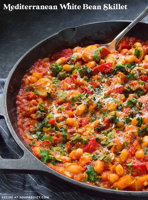 Mediterranean Beans Recipe, White Bean Skillet Recipes, Tuscan Bean Skillet, White Bean Mediterranean Recipes, Summer Mediterranean Diet Recipes, Cauliflower And Beans Recipe, Cannellini Beans And Tomatoes, Mediterranean White Beans, White Kidney Beans Recipe