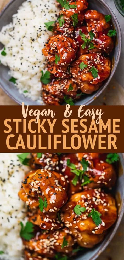 Baked Crispy Cauliflower, Main Course Vegetable Recipes, Vegan Main Course Recipes, Vegan 3 Course Dinner, Appetizer Vegan, Sesame Cauliflower, Easy Main Course Recipes, Sticky Sesame Cauliflower, Vegan Cauliflower Recipes