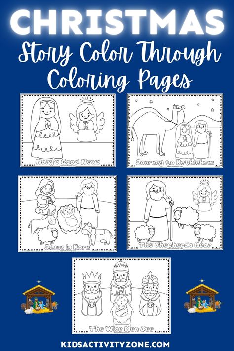 Celebrate the birth of our Savior with these free Color Through Christmas Story Coloring Pages! This set of free printable nativity coloring pages will help teach kids the true meaning of the seasoning. Christmas Story Printables Free, Nativity Colouring Printables, Birth Of Christ Crafts For Kids, Birth Of Jesus Lesson For Kids, Nativity Story For Kids Free Printable, Christmas Free Printables For Kids, Nativity Printables Free, Nativity Coloring Pages Printables Free, Free Nativity Coloring Pages