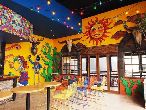 Mexican Bar Decor Ideas, Mexican Theme Restaurant Decor, Mexican Mural Art Restaurant, Mexican Restaurant Wall Decor, Mexican Themed Restaurant, Mexican Restaurant Design Exterior, Mexican Theme Restaurant, Traditional Mexican Color Palette, Mexican Murals Restaurant