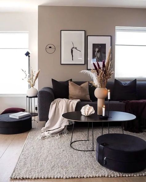 29 Black Sofa Living Room Ideas to Revamp Your Space | Comfy and Chic - placeideal.com Living Room Black Furniture Ideas, Lounge With Black Sofa, Modern Rustic Chic Living Room, Small Living Room Ideas Apartment Black Couch, Black Sofa Small Living Room, Monochrome Living Room With Pop Of Color, Small Living Room Black Couch, Black Sofa Styling, Beige Black Interior Living Rooms