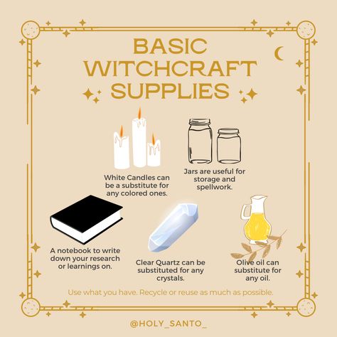 Basic Witchcraft Supplies, Must Have Crystals For Witches, Beginner Witch Essentials, Open Practices Witchcraft, Witchcraft Must Haves, Basic Witch Spells, Must Have Witch Stuff, Things For Witches, Witch Stuff For Beginners