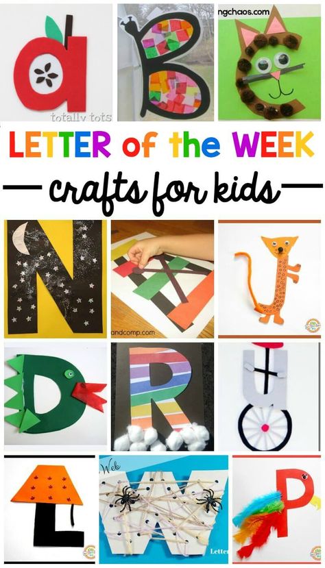 These letter of the week crafts give young kids a fun way to learn what sounds to associate with what letter. All the letters in one place! Letter Of The Week Crafts, Abc Crafts, Alphabet Crafts, Letter Of The Week, Preschool Letters, Alphabet Preschool, Preschool Lessons, Letter A Crafts, Toddler Learning Activities