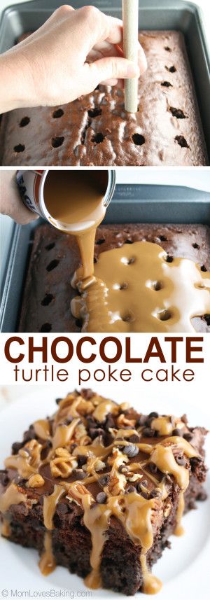 Chocolate Turtle Poke Cake, Turtle Poke Cake, Cookie Brownies, Chocolate Turtle, Chocolate Turtles, Poke Cake Recipes, Brownie Desserts, Poke Cakes, Eagle Brand