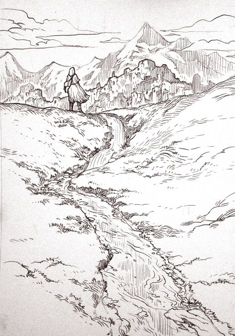 Middle-earth traveler (2) A desolation of city what was destroyed by a dragon. No one lives here anymore. Destroyed City Drawing Reference, Destroyed City Drawing, Traveler Drawing, Earth Landscape, Environment Sketch, Landscape Pencil Drawings, Nature Sketch, Landscape Sketch, Fantasy Castle