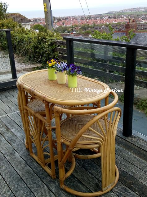 Gorgeous bamboo/wicker table for two (the honeymoon table) Lovely for an outdoor wedding Cane Products, Ratan Furniture, Chic Balcony, Vintage Rattan Furniture, Wicker Table And Chairs, Bamboo Furniture Design, House Porch, Sunroom Addition, Rattan Cane