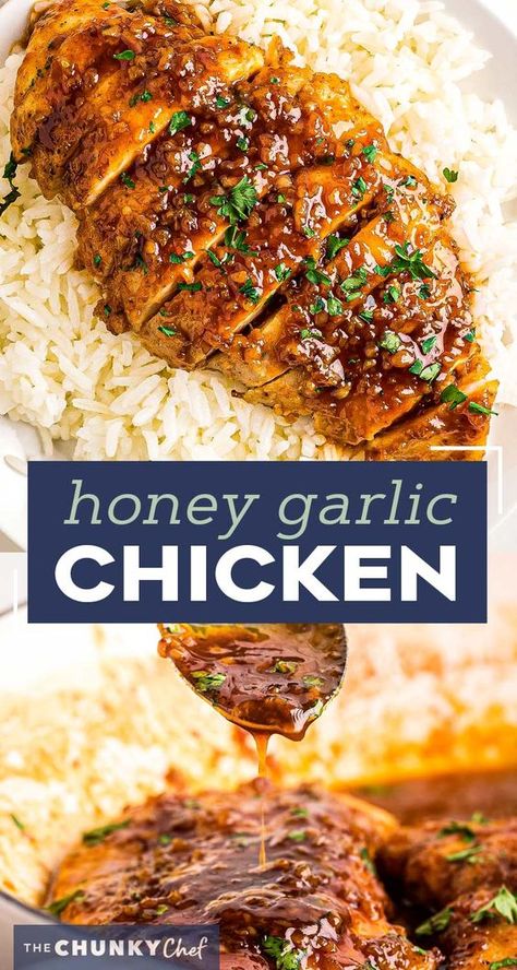 Juicy chicken breast cutlets, seared, tossed in a mouthwateringly simple honey garlic sauce, then broiled until sticky and caramelized. Made with simple ingredients, in one pan, and in just 30 minutes - including prep time! #chicken #chickenbreast #honeygarlic #onepan #onepot #30minuterecipe #familydinner #dinner #easyrecipe Chicken Breast Cutlets, Juicy Chicken Breast, The Chunky Chef, Salmon Glaze Recipes, Chunky Chef, Chicken Breast Cutlet, Garlic Chicken Recipes, Honey Garlic Sauce, Honey Garlic Chicken