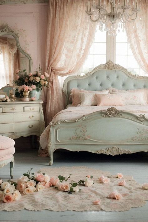 Shabby Chic Interior Design Style, Romantic Bedroom Decor Ideas, Vintage Chaise, Shabby Chic Interior Design, French Style Bedroom, Romantic Interior, Whimsical Bedroom, Bedroom Nook, Unique Bedroom