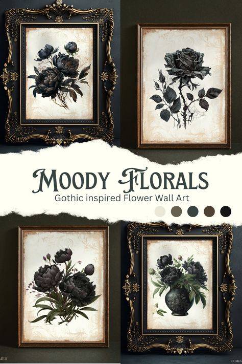 Gothic Victorian Wall Decor, Goth Prints For Wall, Gothic Floral Art, Gothic Picture Wall, Diy Dark Decor, Goth Aesthetic Home Decor, Diy Vintage Wall Decor, Moody Decor Ideas, Goth Craft Ideas