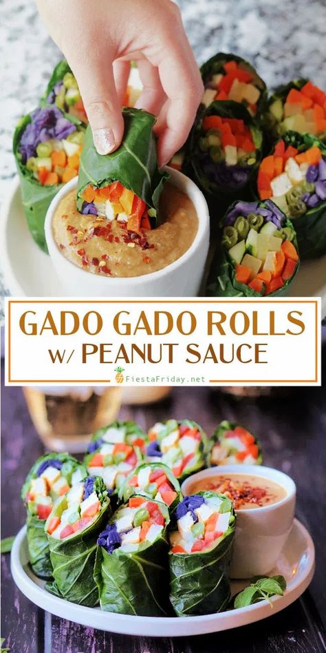 Gado Gado, an Indonesian cooked-vegetable salad, presented as rolls. Because, let’s face it, it’s much more fun eating food sans utensils. #appetizer #snack #healthy #vegetarian #vegan #gadogado #rolls #Indonesianfood #vegetables #peanut #peanutsauce #collardgreens #rainbowfood #stpatricksday Vegan Indonesian Food, Indonesian Appetizer, Vegan Appetizer, Steamed Potatoes, Food Project, Nusa Lembongan, Snack Healthy, Eating Bananas, Gado Gado