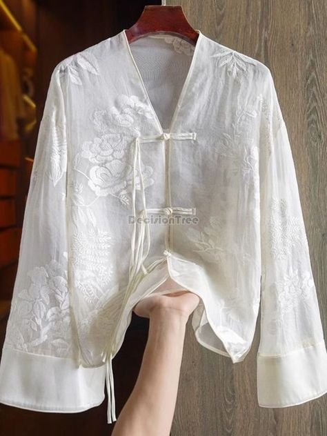 2024 chinese national style embroidery women spring new elegant v-neck long sleeve improved disc Embroidered Shirt Outfit, Embroider Shirt, Embroidered Button Up Shirt, V Neck Design, Silk Shirts, Silk Clothes, Embroidered Shirts, V Neck Shirt, Comfortable Room