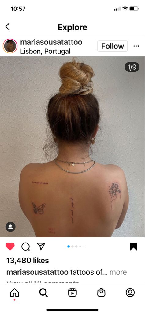 Women Back Tattoo Placement, Tattoo Placement Back Shoulder, Shoulder Cursive Tattoo, Subtle Tattoo Placement Women, Upper Back Tattoo Placement, Multiple Back Tattoos Women Placement, Back Upper Shoulder Tattoo For Women, Back Tattoo Women Placement, Simple Upper Back Tattoo Women