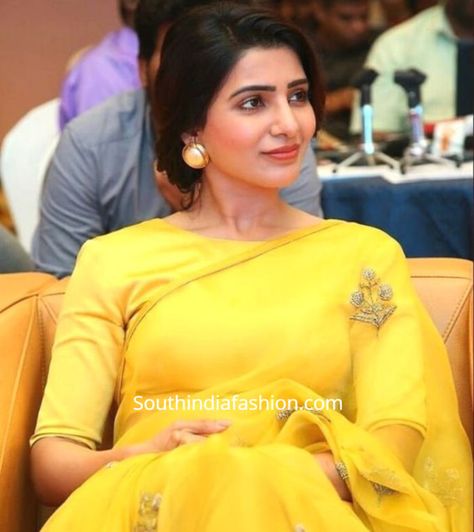 Stylish Blouse Patterns for Georgette and Chiffon Sarees Chiffon Saree Blouse Design, Cold Shoulder Blouse Designs, Samantha In Saree, Wanderlust Fashion, Samantha Photos, Yellow Saree, Saree Blouse Designs Latest, Stylish Blouse Design, Casual Saree