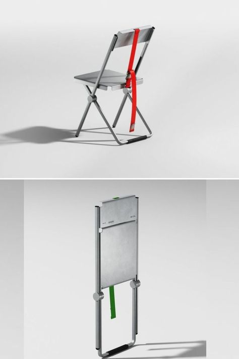 Tekron Chair by Acasso Folds and Unfolds With a Lifting Strap Metal Chair Design, Fold Chair, Folding Chair Design, Compact Chair, Steel Furniture Design, Folding Mechanism, Metal Folding Chairs, Outdoor Folding Chairs, Metal Chair