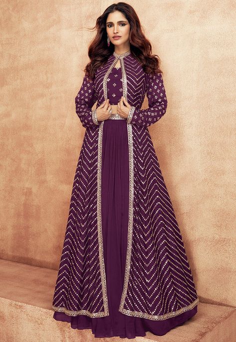 Embroidered Long Dress, Purple Lehnga Design, Purple Indo Western Dress, Fancy Jackets For Dresses, Indian Gowns Dresses With Jacket, Shurgs Designs, Lehenga With Long Jacket, Shrugs For Indian Dresses, Purple Indian Outfit