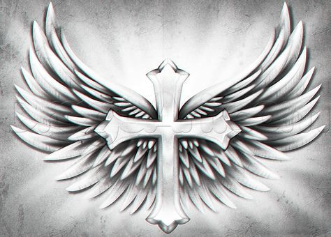 how to draw a cross with wings Cross With Wings Tattoo, Cruces Tattoo, Hals Tattoo Mann, Alas Tattoo, Tato Salib, Tato Flash, Cross With Wings, Cross Drawing, Throat Tattoo