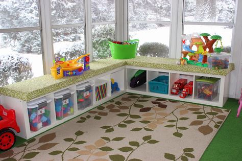 Our Playroom in the Sunroom - organizingforsix.blogspot.com Conservatory Playroom, Sunroom Playroom, Small Kids Playrooms, Sunroom Makeover, Trofast Ikea, Small Playroom, 3 Season Room, Diy Kids Furniture, Basement Playroom