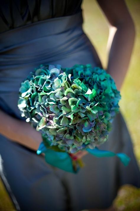 Teal hydrangea bridesmaid bouquet Teal Hydrangea, Teal Wedding Flowers, Hydrangea Bridesmaid Bouquet, Teal Bouquet, Hydrangea Bouquet, Hydrangeas Wedding, Peacock Wedding, Teal Flowers, Teal Wedding