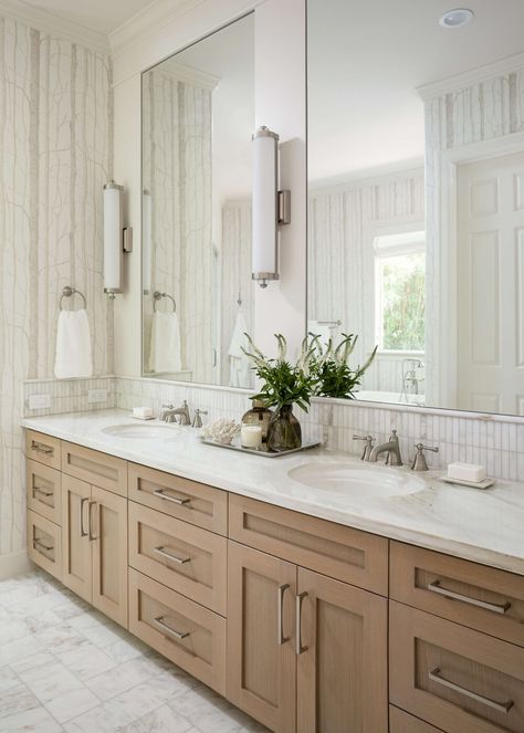 Greige Vanity Cabinet, Wood Accents In Home, Natural Wood Vanity Bathroom, Modern Farmhouse Bathroom Tile, Carrera Marble Bathroom, Bathroom Backsplash Ideas, Bathroom 2023, Oak Bathroom, Primary Bath