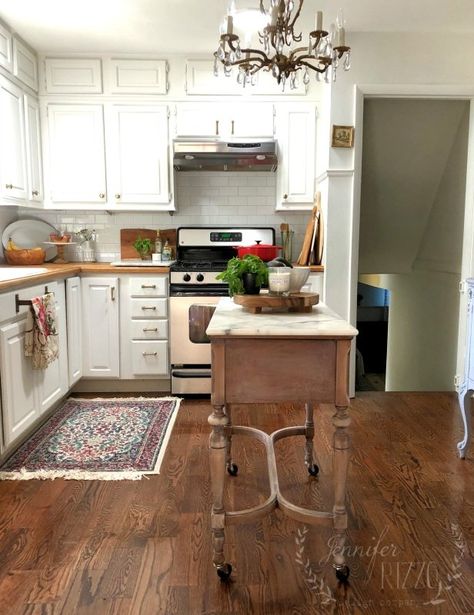 $100 Kitchen Island Idea- Repurposed Sewing Table - Jennifer Rizzo Upcycle Kitchen, Antique Kitchen Island, Antique Kitchen Cabinets, Unique Kitchen Design, Small Kitchen Island, Kabinet Dapur, New Kitchen Cabinets, Diy Kitchen Island, Antique Kitchen