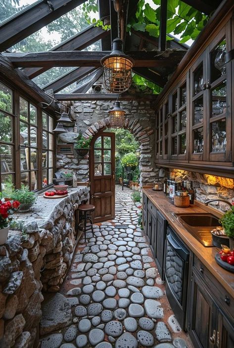 Greenhouse Kitchen, Rustic Home Design, Stone Walls, Stone Cottage, Fantasy House, Off Grid Living, Sims House, House Goals, Dream Rooms