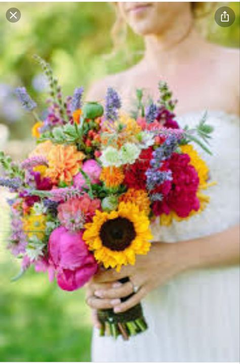 Larkspur Wedding Bouquet, Colorful Wedding Bouquet, Bright Wedding Colors, Church Wedding Flowers, Bright Wedding Flowers, Sunflower Wedding Bouquet, Summer Wedding Decorations, Boda Mexicana, Rainbow Wedding