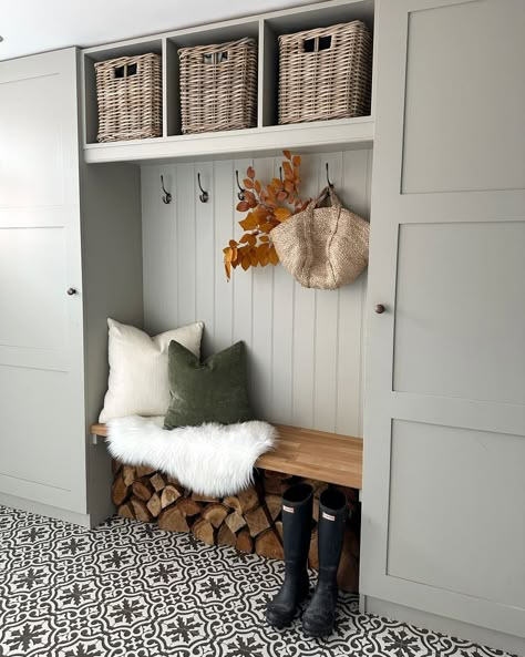 Entrance Closet With Bench, Entryway Bench Nook, Entryway Closet With Bench, Entryway Cupboard Ideas, Built In Shelves Entryway, Front Entryway Storage Ideas, Narrow Hallway Cabinet, Small Mudroom Closet, Mudroom With Closet