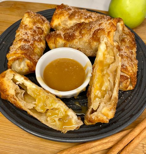 Caramel Apple Cheesecake Egg Rolls Easy Dessert - fed by sab Cheesecake Egg Rolls, Superbowl Food Appetizers, Bacon Wrapped Pork Tenderloin, Ways To Cook Eggs, Rolls Easy, Crispy Egg, Bacon Wrapped Pork, Oreo Fudge, Caramel Apple Cheesecake