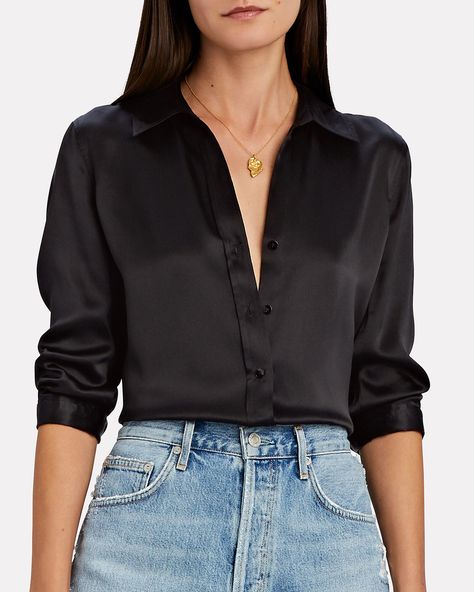 Black Silk Blouse Outfit, Satin Button Down Shirt Outfit, Silk Blouse Outfit, Silk Shirt Outfit, Classy Ootd, Black Shirt Outfits, Blouse Outfit Casual, Black Silk Shirt, Silk Button Down Shirt