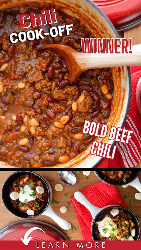 🏆🌶️ 1st place Winner of a Chili Cook-Off! 🌶️🏆 Get ready to spice up your taste buds with our award-winning Bold Beef Chili! Packed with mouthwatering chunks of tender beef, ground beef and warm smoky spices, and secret ingredients. This beefy chili is a flavor explosion you won't forget. Perfectly balanced heat and savory goodness in every spoonful! It's a must try! The family will even love it cause it's flavorful yet, not too sweet and not too spicy. 🔥🥩 via @wholemadeliving Best Chili Recipe Award Winning Crockpot, Secret Chili Ingredients, Winning Chili Recipes, Award Winning Chili Recipe, Spicy Chili Recipe, Award Winning Chili, Stews Recipes, Ground Beef Chili, Beef Chili Recipe