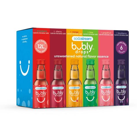 NEW! Original Variety Pack bubly drops - a fun way to sparkle your water with strawberry, mango, cherry, grapefruit, lime, or blackberry flavor essences! Make your favorite bubly sparkling water right at home with SodaStream. no calories. no sweeteners. all smiles. Always fizz before adding any flavor. Add about ¾ teaspoon of bubbly drops to a 1L Sodastream bottle of sparkling water. Variety Pack Design, Seltzer Packaging, Sparkling Water Packaging, Bubly Sparkling Water, Water Sparkling, Juice Design, Energy Gummies, Fun Branding, Healthy Soda