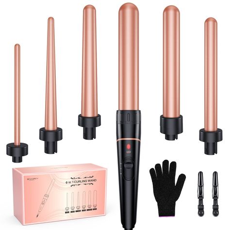 Long Barrel Wand Curling Iron - BESTOPE PRO 6 in 1 Curling Wand Set with Ceramic Barrel for Long Hair, 0.35"-1.25" Interchangeable Curling Iron Wand, Dual Voltage Wand Curler, Include Glove & Clips Long Barrel Curling Iron, Hair Curler Wand, Wand Curler, Wand Curling Iron, Curling Wand Set, Wand Hairstyles, Barrel Curling Iron, Barrel Curls, Curling Hair With Wand