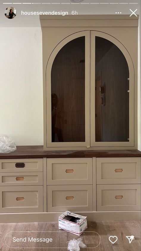 Arched Dining Room Built Ins, Built In Shelves Glass Doors, Arched Kitchen Cabinet Doors, Built In Kitchen Hutch, House Seven Design, Kitchen Desk Areas, Floor Inspiration, Dining Room Built In, Built In China Cabinet