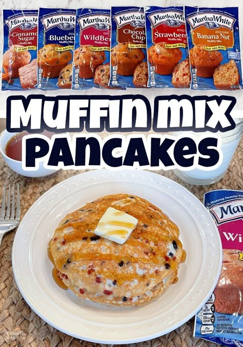 Easy 2-ingredient Muffin Mix Pancakes. Endless flavor options, super easy and totally delicious. My family loves them! #Recipes