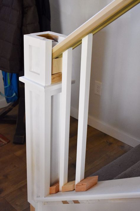 Resurfacing Interior Doors, Stair Posts Banisters, Diy Stair Post Makeover, Stairway Remodel Staircase Makeover, Stair Post Makeover, Diy Newel Post Makeover, Redoing Stair Railing Banisters, White Banisters And Railings, Banisters And Railings Makeover