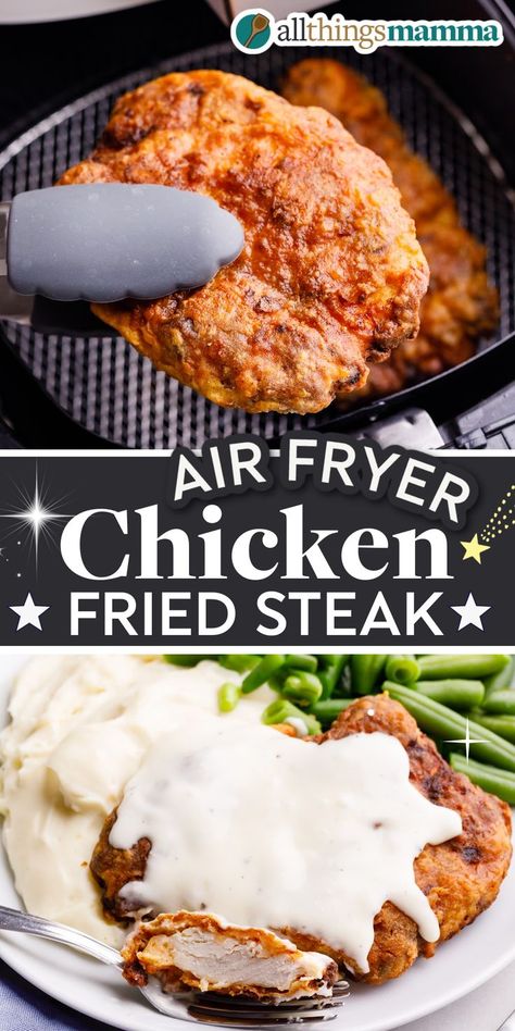 Air Fryer Chicken-Fried Steak social collage graphic Chicken Fried Steak Easy, Chicken Fried Steak Recipe, Steak Sandwiches, Country Fried Steak, Easy Steak Recipes, Air Fryer Oven Recipes, Fried Steak, Oven Fried Chicken, Homemade Gravy