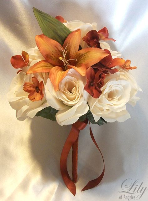 orange cream bouquet Brown And Orange Wedding Bouquet, Wedding Bouquets Orange And White, Orange Calla Lily Bouquet, Tiger Lily Wedding Bouquet, Stargazer Lily Wedding Bouquet, Lilly Bouquet Wedding, Lilly Flower Arrangements, Orange And White Bouquet, Red And Orange Wedding