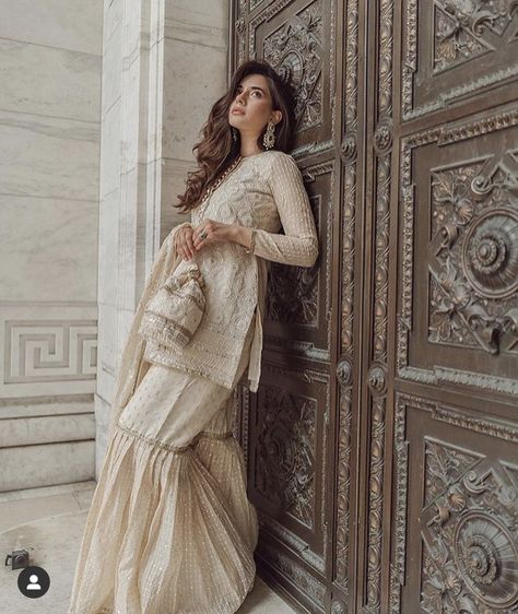 White Indian Wedding Dress, Wedding Gharara, Rainbow Wedding Dress, Sharara Designs, Indian Suit, Couple Wedding Dress, Bollywood Dress, Wedding Saree Collection, Indian Bridal Lehenga