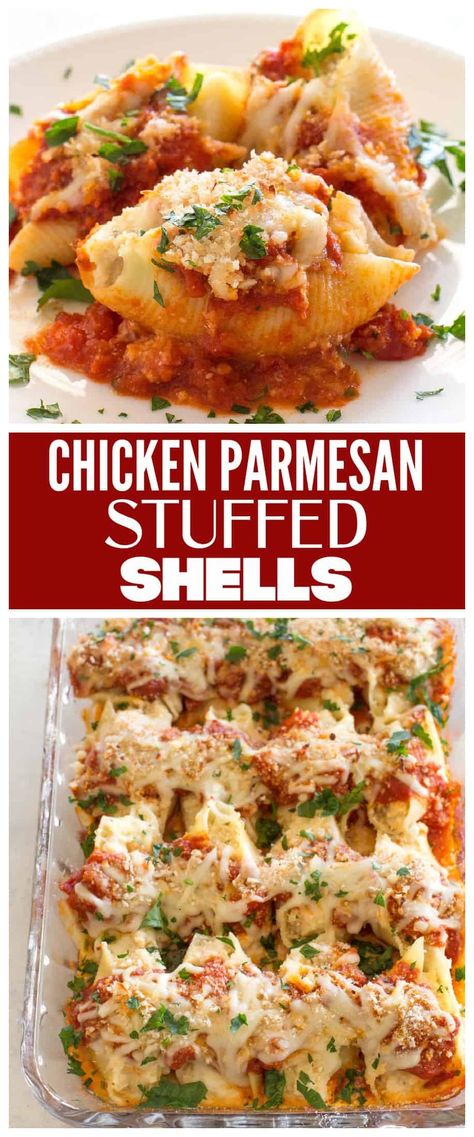 Chicken Parmesan Stuffed Shells - creamy ricotta filling with chicken topped with a crunchy Panko topping. #chicken #parmesan #stuffed #shells #dinner #recipe Pregnancy Dinner Recipes, Ricotta Stuffed Chicken, Chicken Stuffed Shells, Ricotta Filling, Stuffed Shells Ricotta, Low Fat Dinner, Shells Recipe, Easy Pasta Dinner, Stuffed Shells Recipe