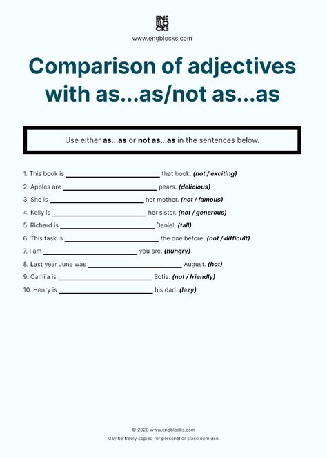 Use either as...as or not as...as in the sentences below. Follow the link and explore more worksheets on Adjectives. Answer key included. Print-friendy. #english #adjectives #englishgrammar #eslworksheets #esl #eslwebsite #engblocks Types Of Adjectives Worksheet, Order Of Adjectives Worksheet, As Adjective As Worksheet, Degrees Of Adjectives Worksheets, Comparative Adjectives Worksheet, Adjectives Degrees Of Comparison, Degrees Of Comparison, Preposition Worksheets, Comparative Adjectives