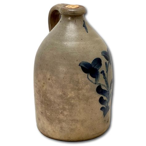 This really is an Exceptionally Nice Looking Antique American Country Primitive Stoneware Jug. Circa Mid 19th Century. Small Approx. 1 Gallon Size. The Classic American Salt Glaze Exterior is Artistically Hand Decorated with a Wonderful Cobalt - Navy Blue Stylized Double Flower Design. It Has No Maker Mark. Origin Possibly Maryland & Pennsylvania ?. It Also has a Number 1 Denoting its 1 Gallon Liquid Storage Capacity. These Desirable Smaller Size Jugs were Commonly Used to Store a Variety of Liq Pickers Antiques, Butter Churns, Antique Crocks, Churning Butter, Spring Water, American Country, Country Primitive, Classic American, Blue Flower