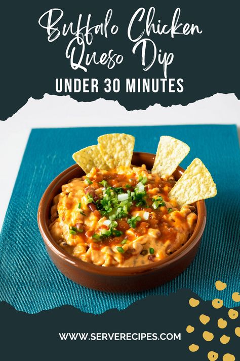 Whip up the ultimate game day treat in under 30 minutes! This Buffalo Chicken Queso Dip is a creamy, cheesy delight, bursting with the bold flavors of spicy buffalo sauce and tender chicken, all topped with fresh green onions. Perfect for sharing, this dip is sure to score big at your next party or family gathering. Dive into the gooey goodness and watch it disappear before halftime! Chicken Queso Dip, Chicken Queso, Queso Dip Recipe, Spicy Buffalo Chicken, Queso Dip Recipes, Queso Dip, Cheese Snacks, Chicken Dips, Buffalo Chicken Dip