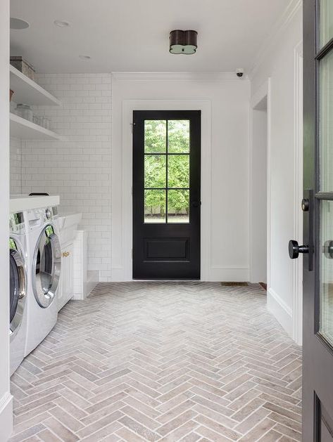 Kitchen Floors Ideas, Brick Herringbone Floor, Brick Herringbone, Transitional Laundry Room, Laundry Room Tile, Herringbone Tile Floors, Mudroom Flooring, White Laundry Rooms, Laundry Room Flooring